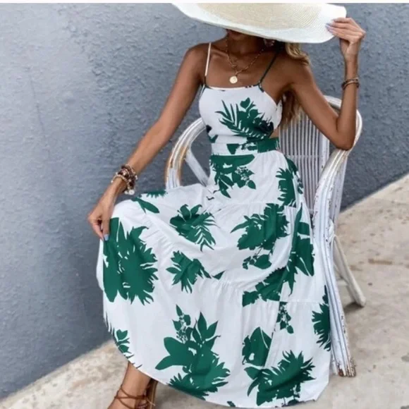 Boho Green Floral Tropical Leaves Cut out Cami Ruffle Dress - Picture 4 of 11